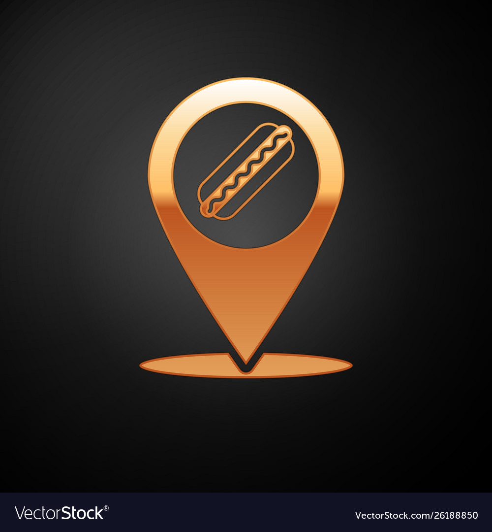 Gold map pointer with fast food hotdog icon
