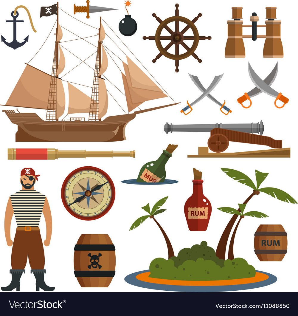 Set of sea pirates objects icons