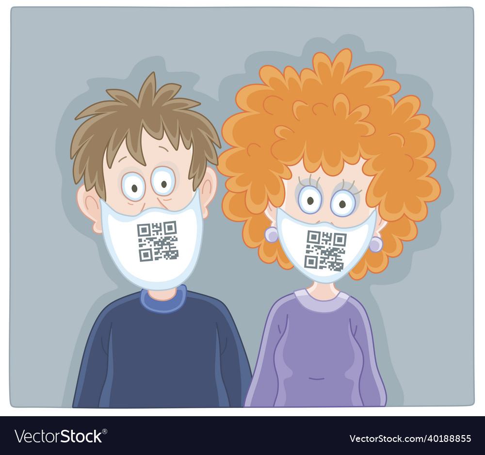 Afraid couple with protective masks and qr codes