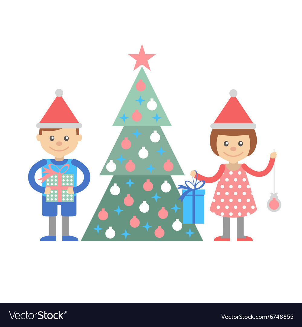 Boy and girl with gifts decorate christmas tree