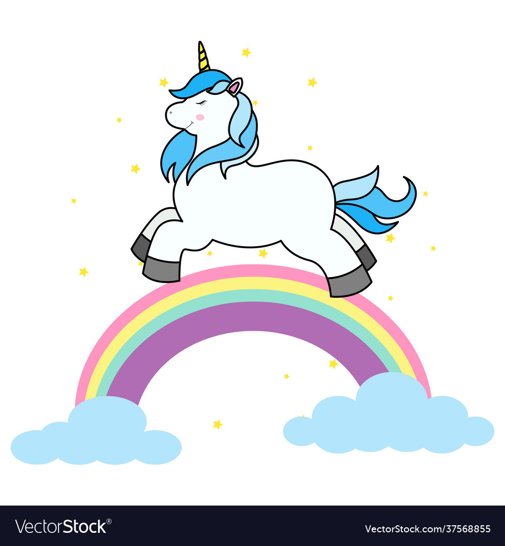 Cute cartoon unicorn on cloud and rainbow Vector Image