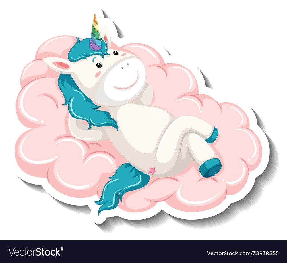 Cute unicorn laying on cloud white