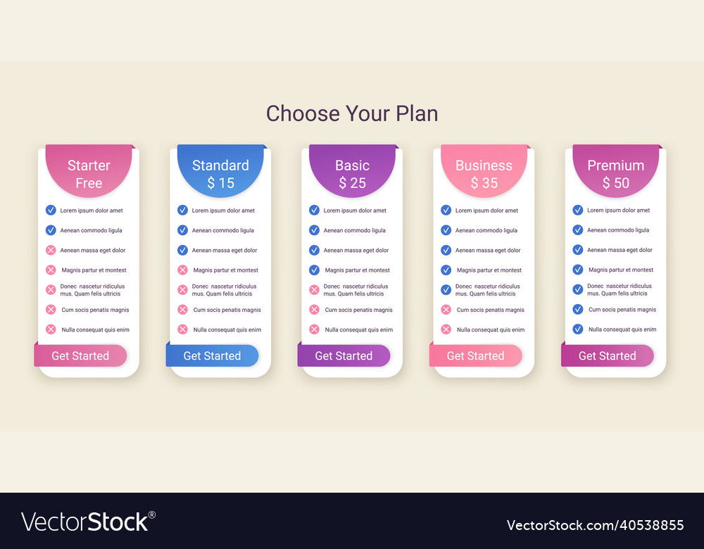 Price table template with 5 columns pricing data vector image Price table template with 5 columns pricing data