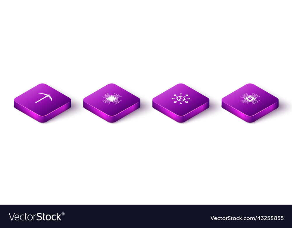 Set isometric pickaxe processor distribution vector image Set isometric pickaxe processor distribution