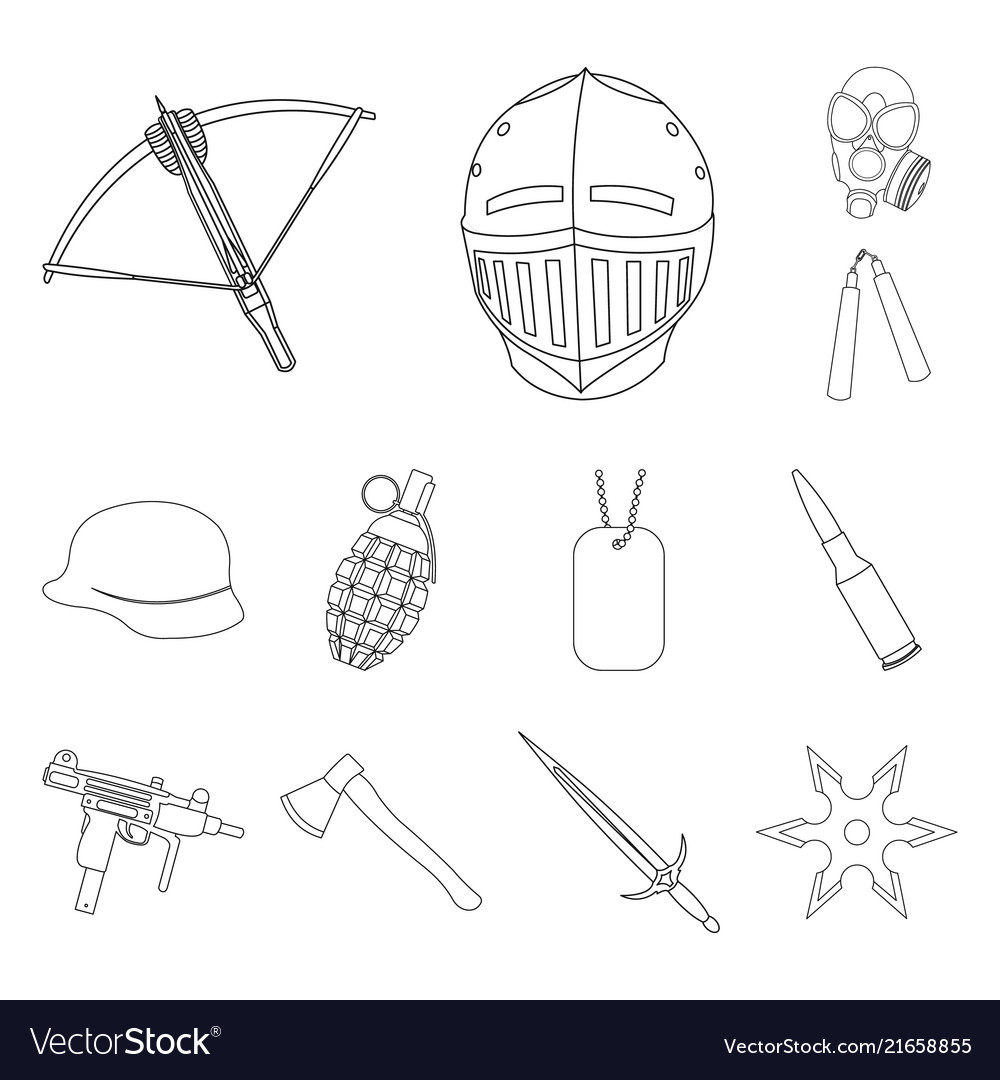 Types of weapons outline icons in set collection vector image Types of weapons outline icons in set collection