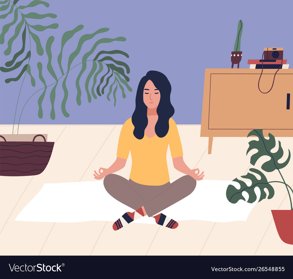 Young woman with closed eyes sitting cross legged Vector Image