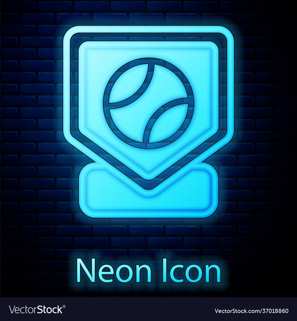 Glowing neon baseball base icon isolated on brick