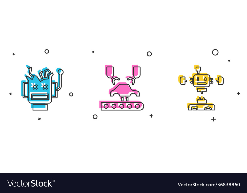 Set broken robot robotic arm on factory vector image Set broken robot robotic arm on factory