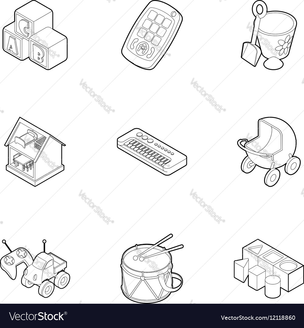 Toys for kids icons set outline style Royalty Free Vector