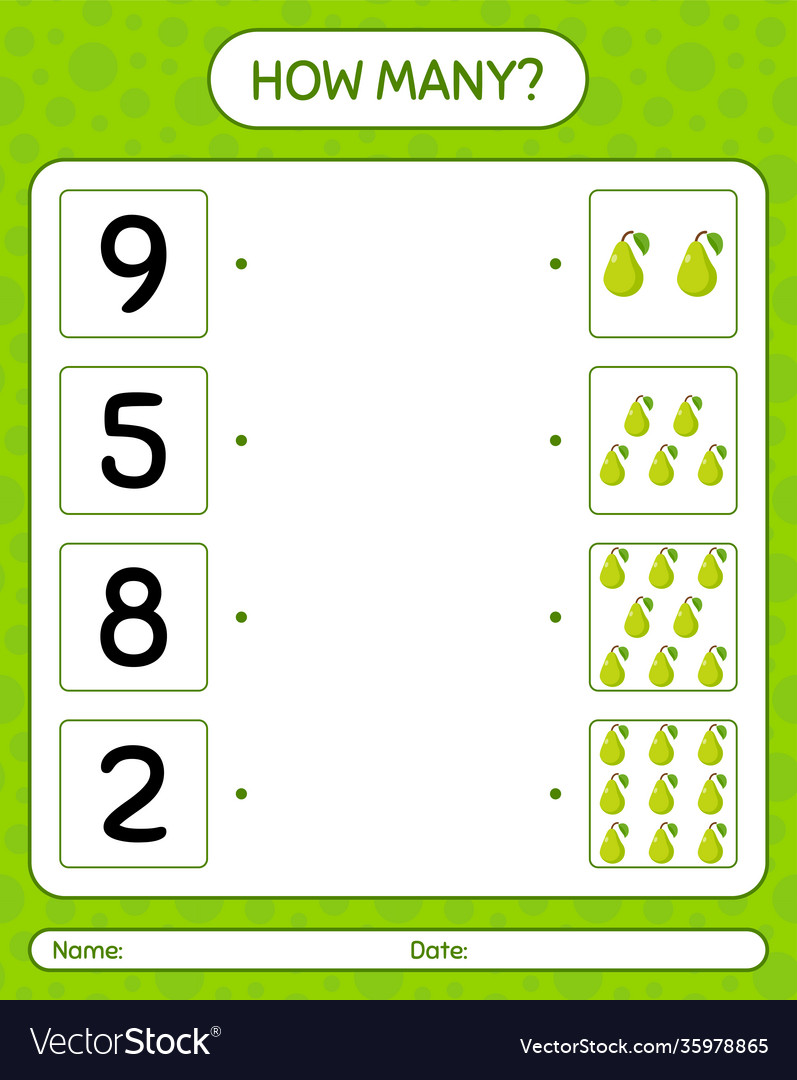 How many counting game with pear worksheet vector image How many counting game with pear worksheet