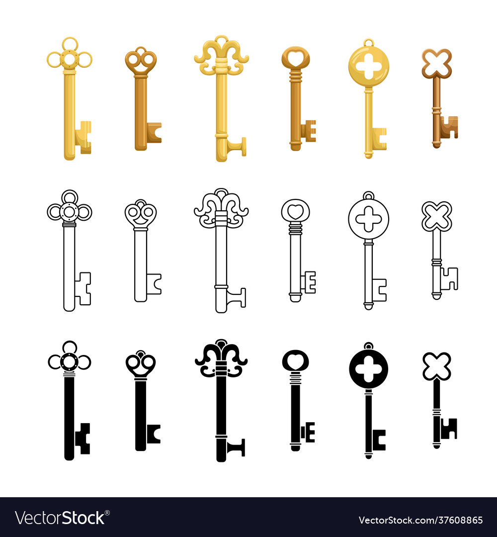 Set retro keys in three styles - flat outline