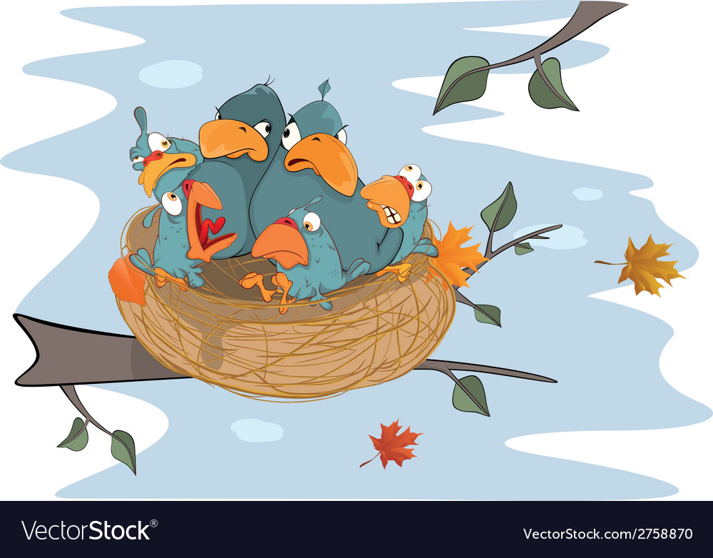 Birds with her four babies in nest cartoon Vector Image
