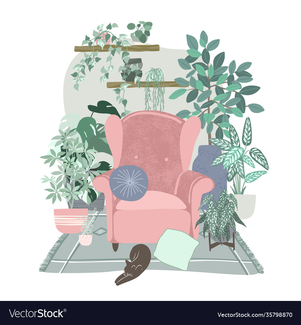 Cozy scandi room interior with a lot plants vector image Cozy scandi room interior with a lot plants