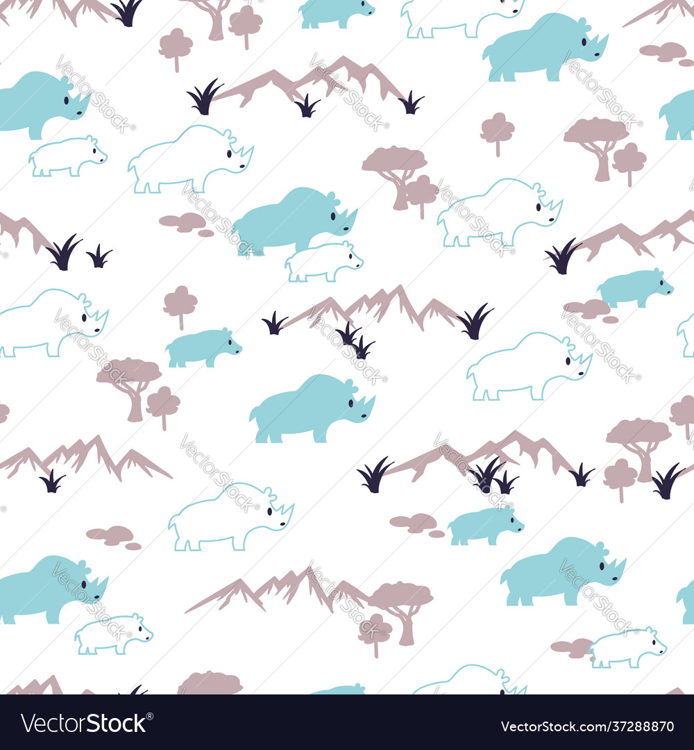 Cute rhinos and savanna graphic art seamless