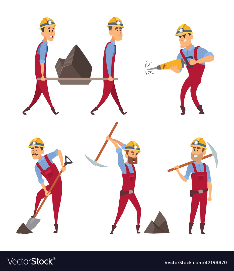 Set of working people miners in different action