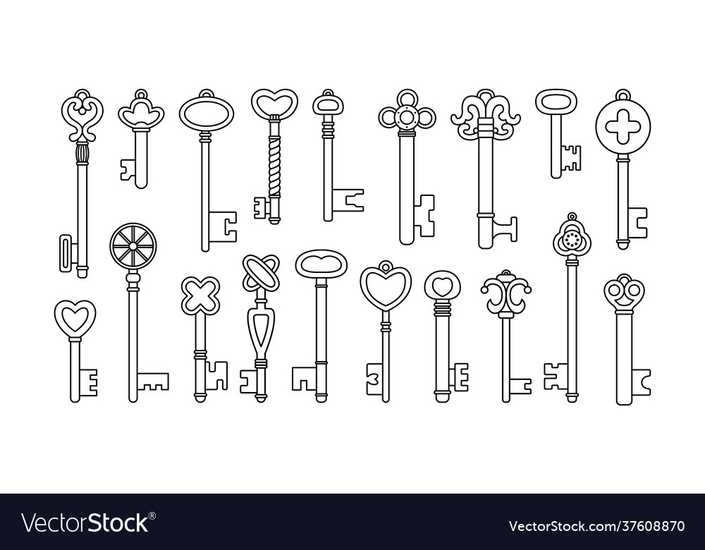 Set retro keys in outline style vector image Set retro keys in outline style