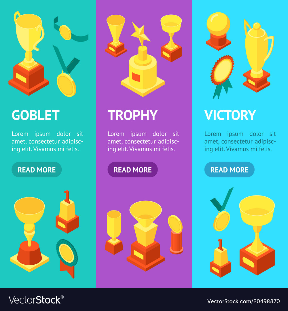 Trophy cups awards banner vertical set isometric