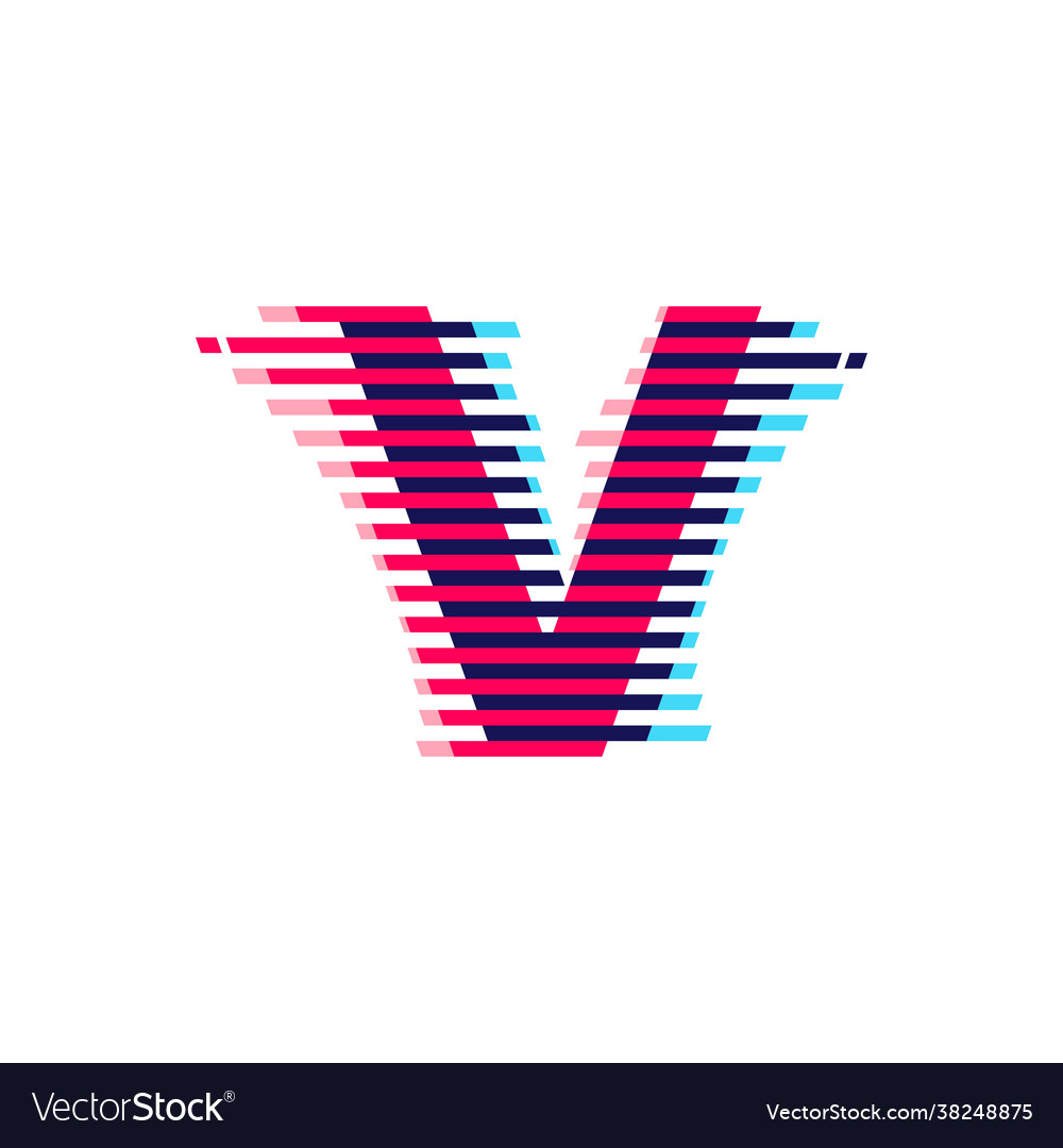 V letter logo with vibrant line glitch effect