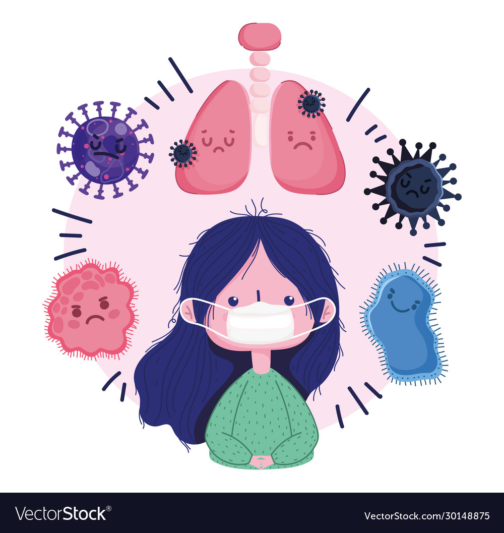 Virus covid 19 pandemic girl mask lungs cartoon Vector Image