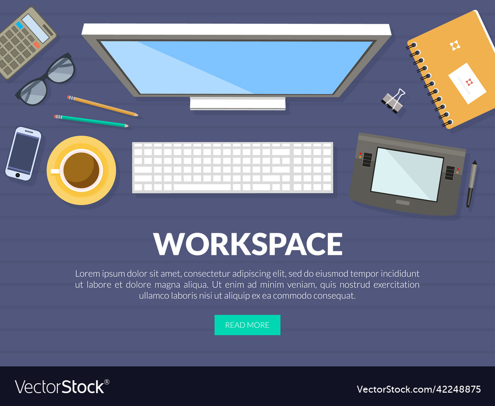 Workspace banner with objects rested on desk top vector image Workspace banner with objects rested on desk top