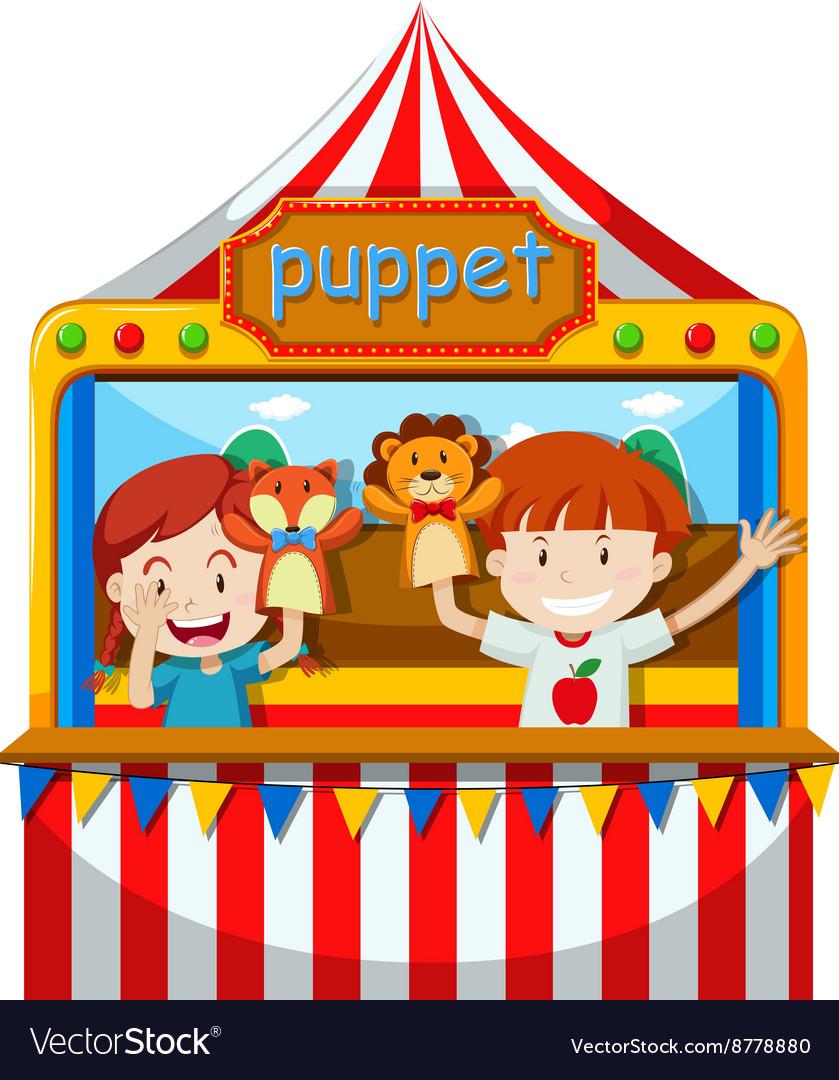 Children perform puppet show on stage Royalty Free Vector