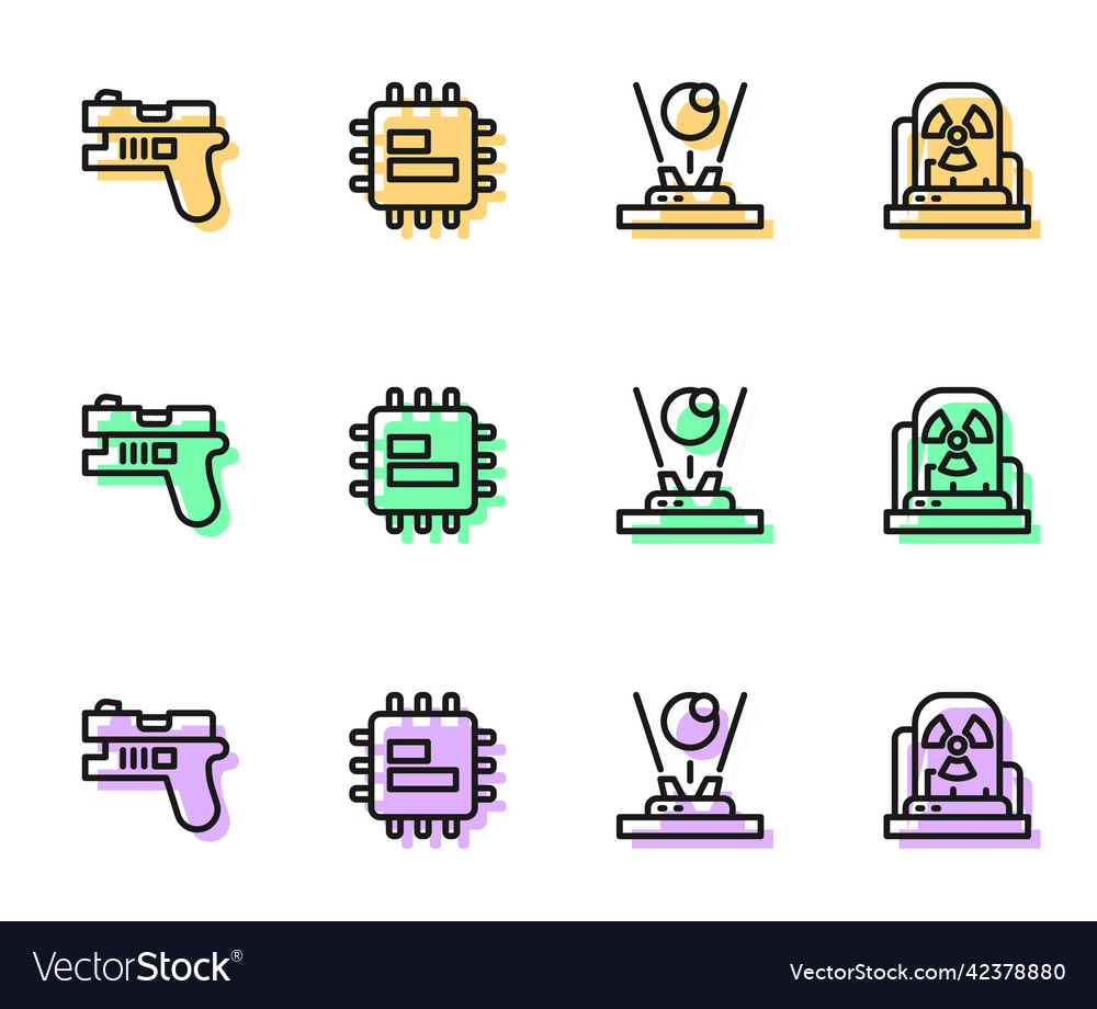 Set line hologram futuristic weapon processor vector image Set line hologram futuristic weapon processor
