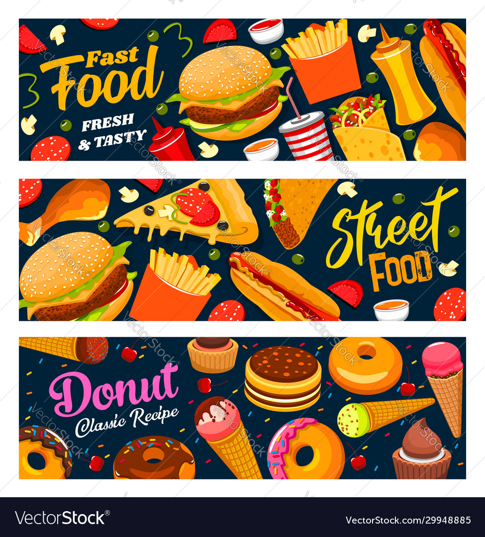 Fastfood street food burgers drinks and donuts Vector Image