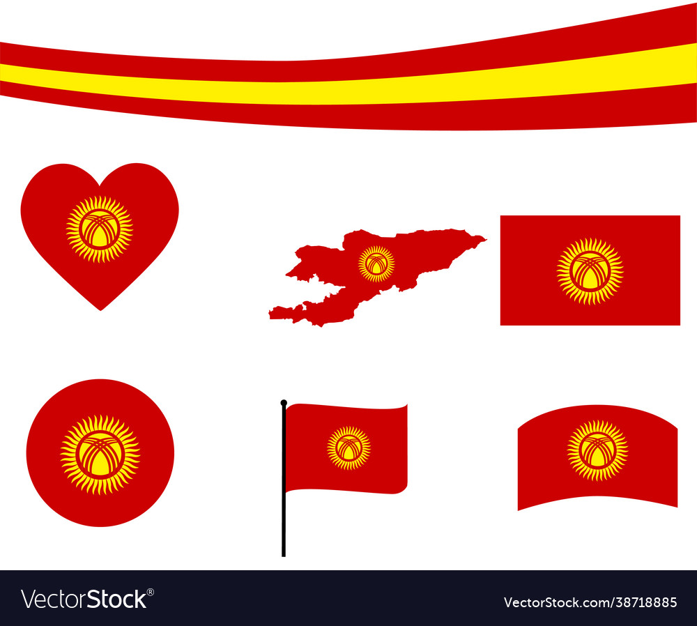 Kyrgyzstan flag map ribbon and heart icons