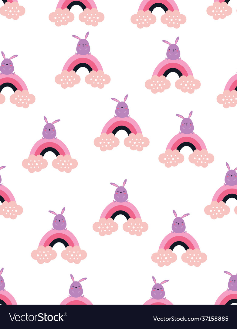 Seamless pattern with bunny on rainbow