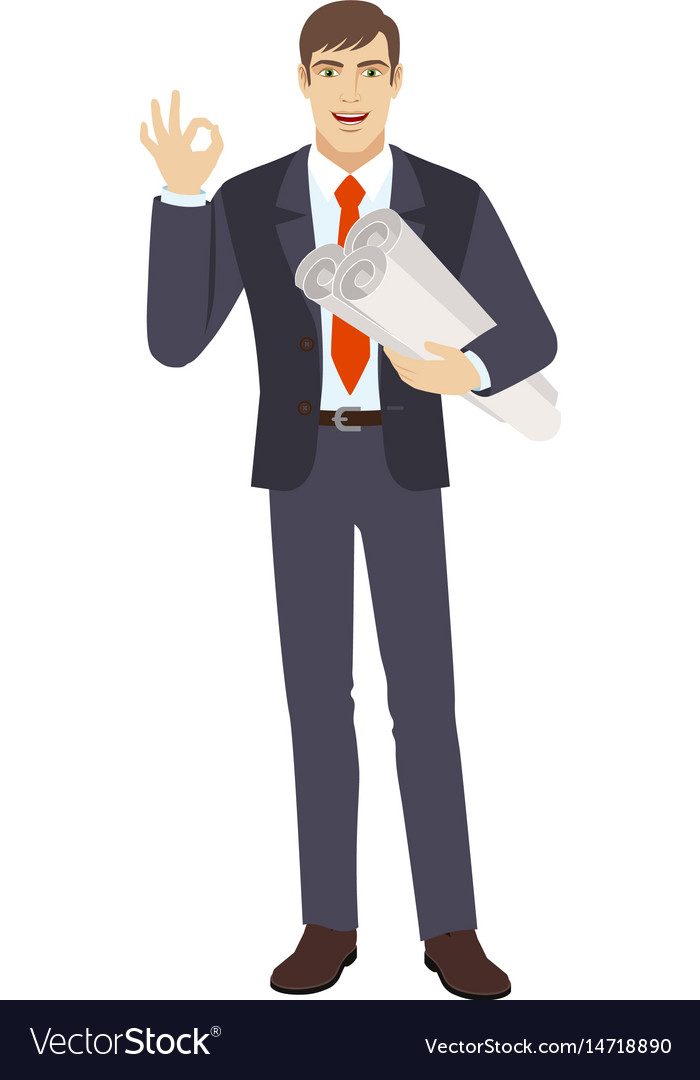 Businessman holding project plans and showing Vector Image