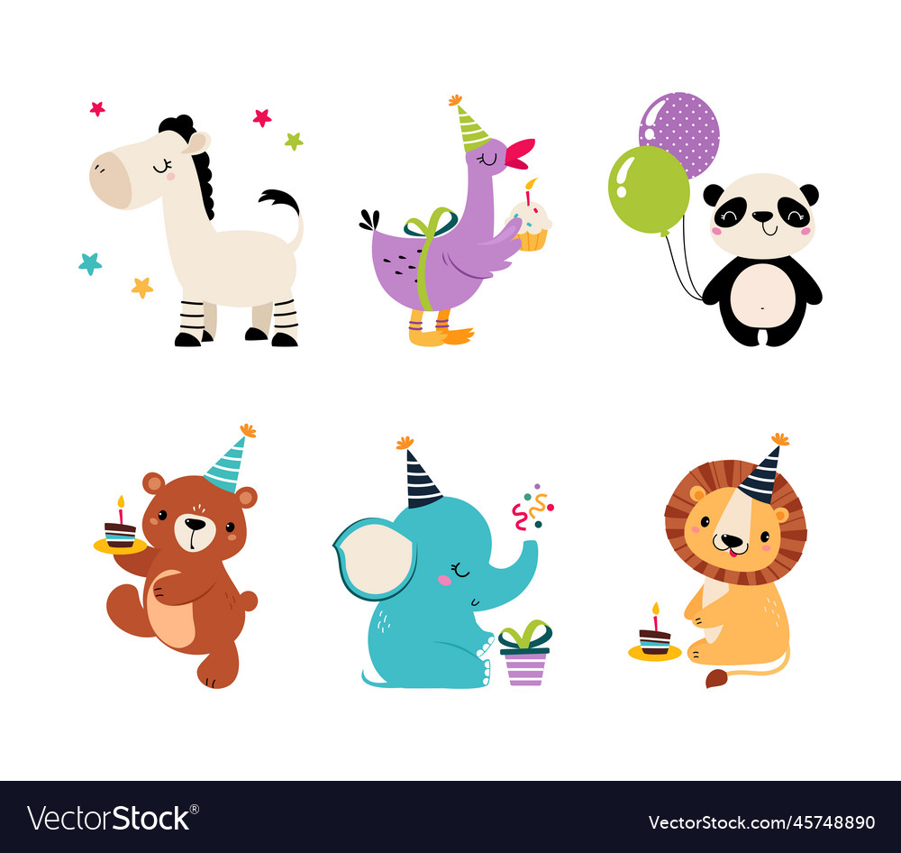 Cute animal characters celebrating birthday Vector Image