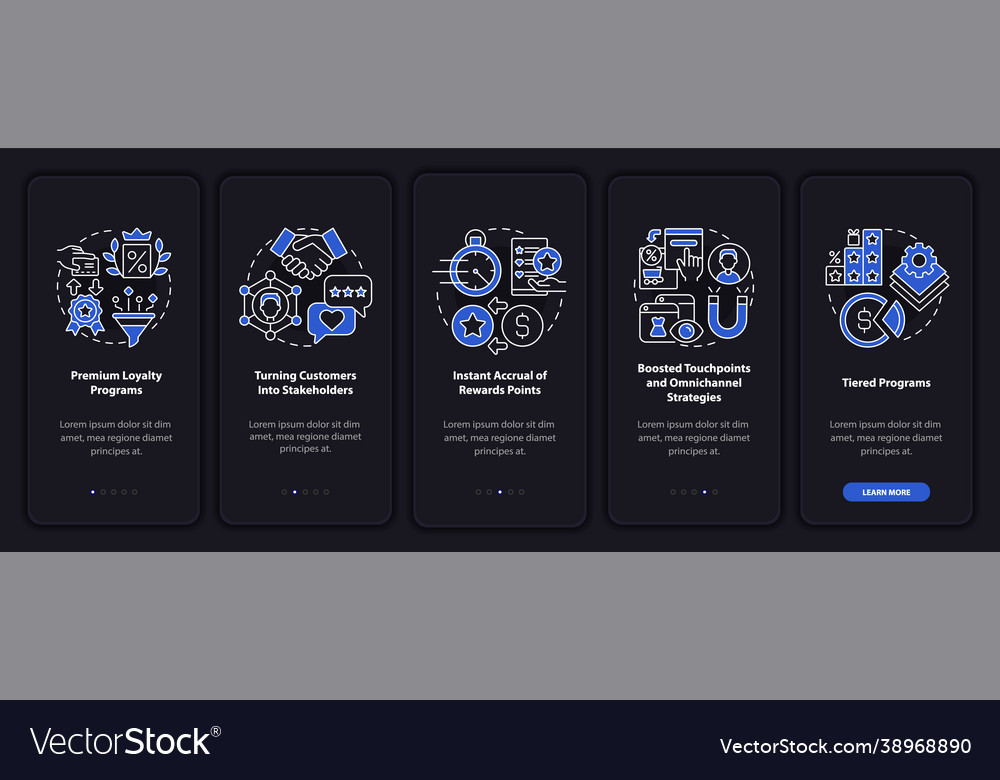 Loyalty program dark onboarding mobile app page vector image Loyalty program dark onboarding mobile app page
