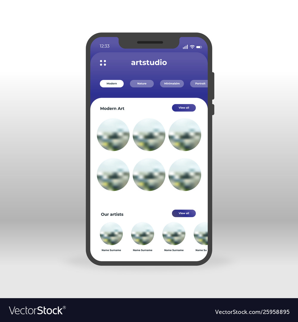 Purple art studio ui ux gui screen for mobile