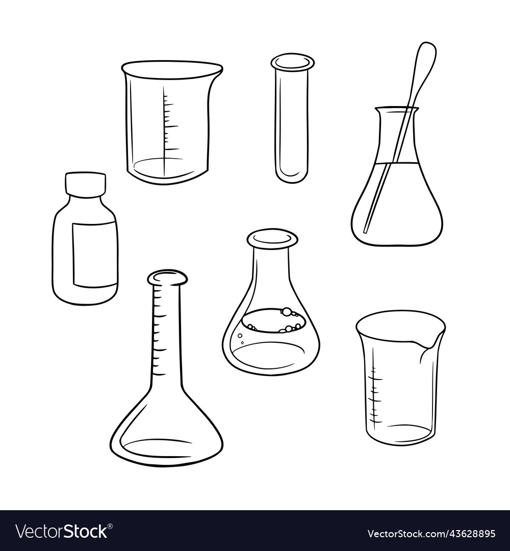 Various empty glass flasks and with a solution