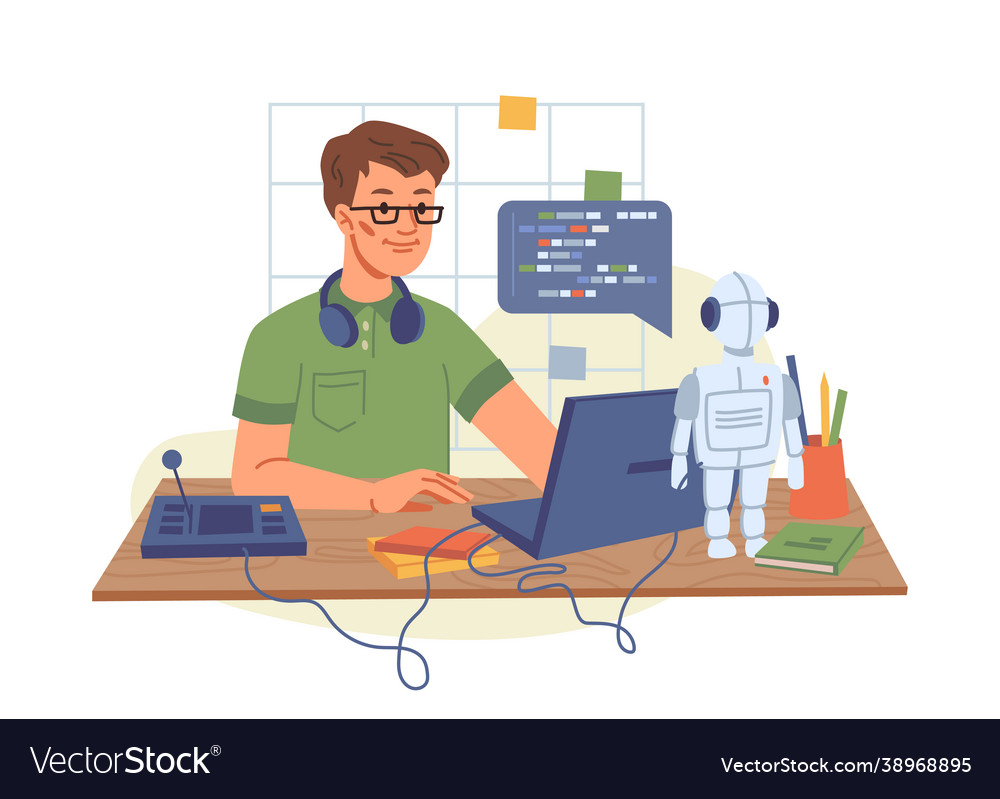 Young student programmer writing code computer Vector Image