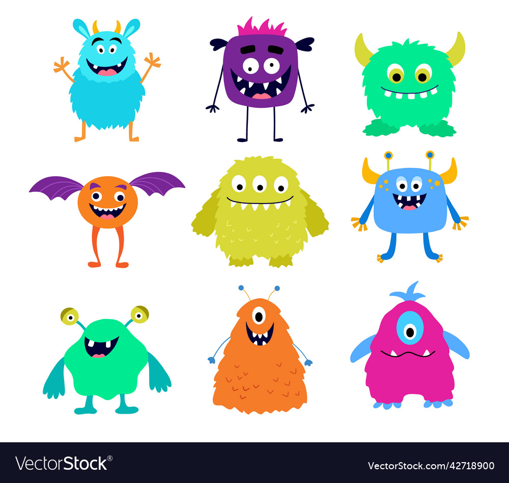 Set Of Cute Colorful Monsters Funny Cool Cartoon Vector Image