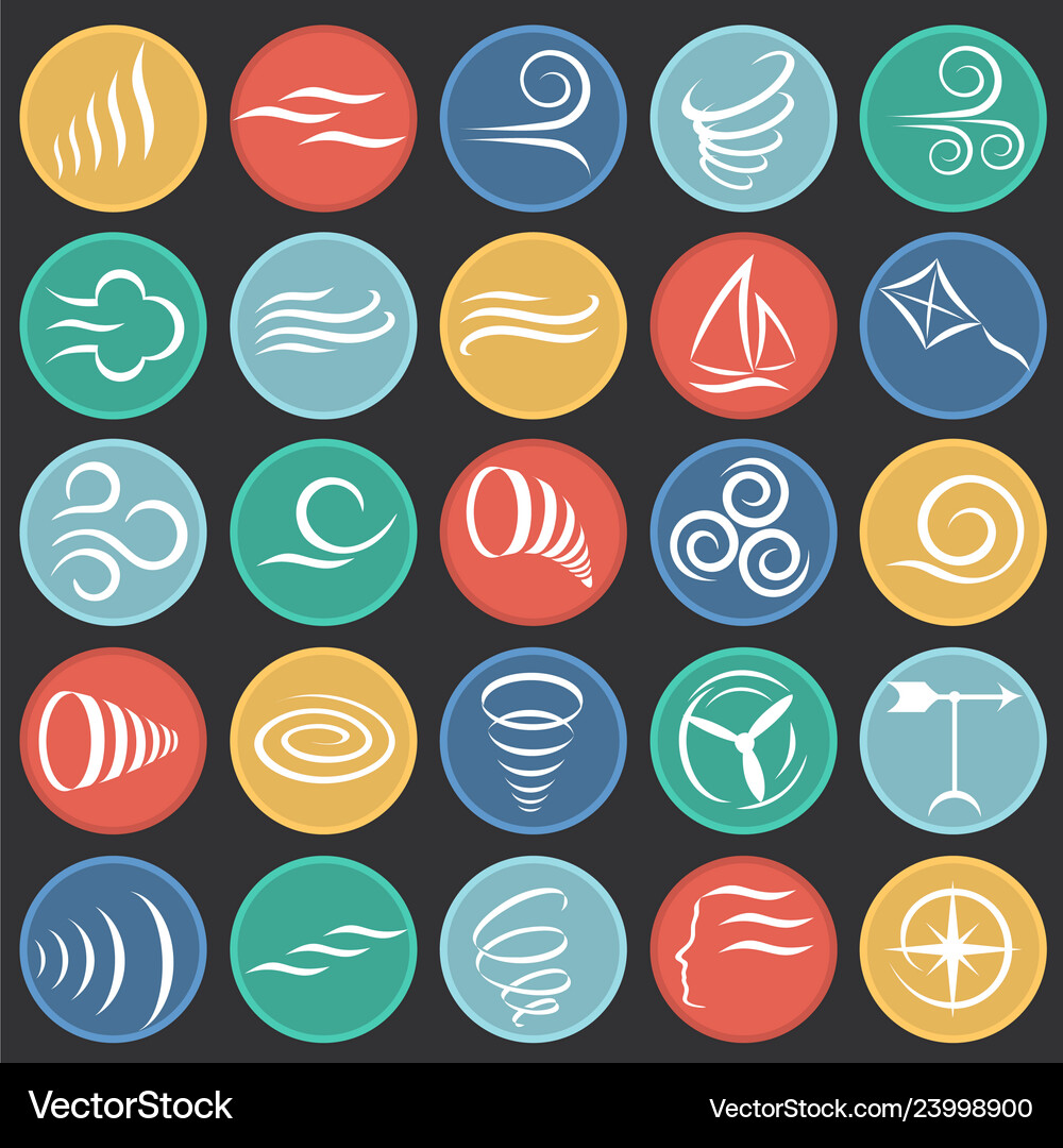 Wind icons set on color circles black background Vector Image