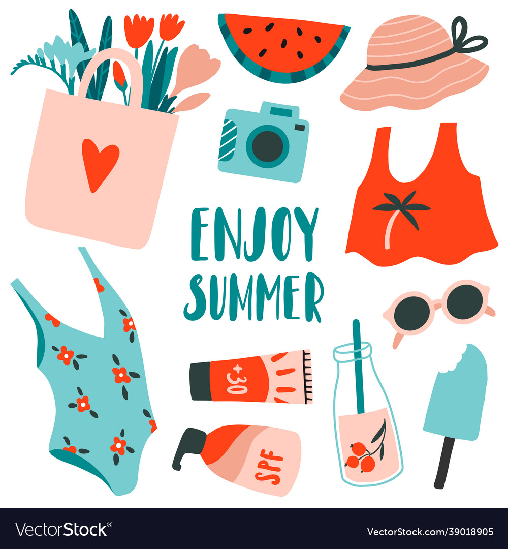 Enjoy summer card banner hand drawn set