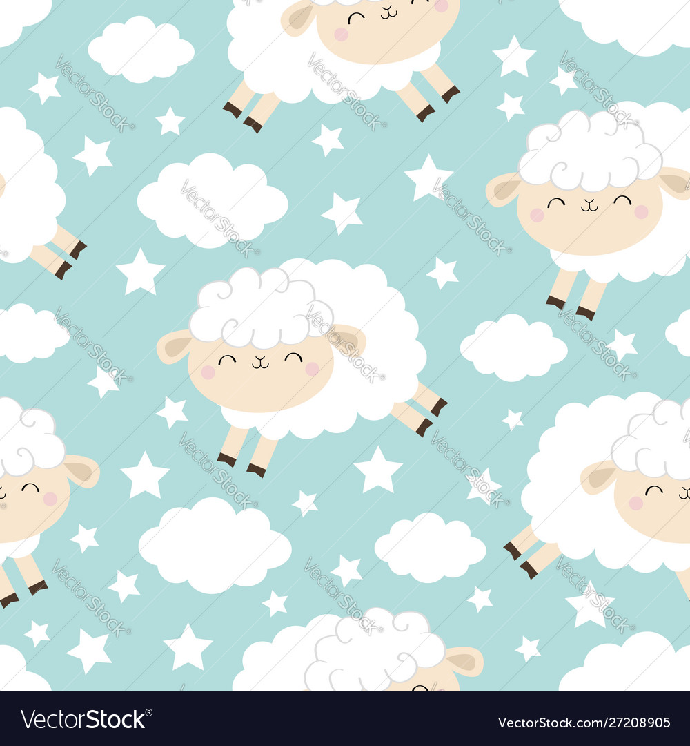 Seamless pattern jumping sheep cloud star