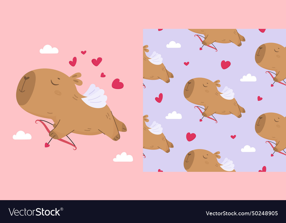Seamless pattern with funny cupid capybara Vector Image Seamless pattern with funny cupid capybara