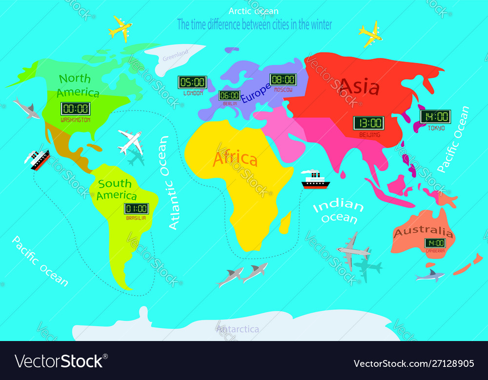 Time zones on a world map difference between