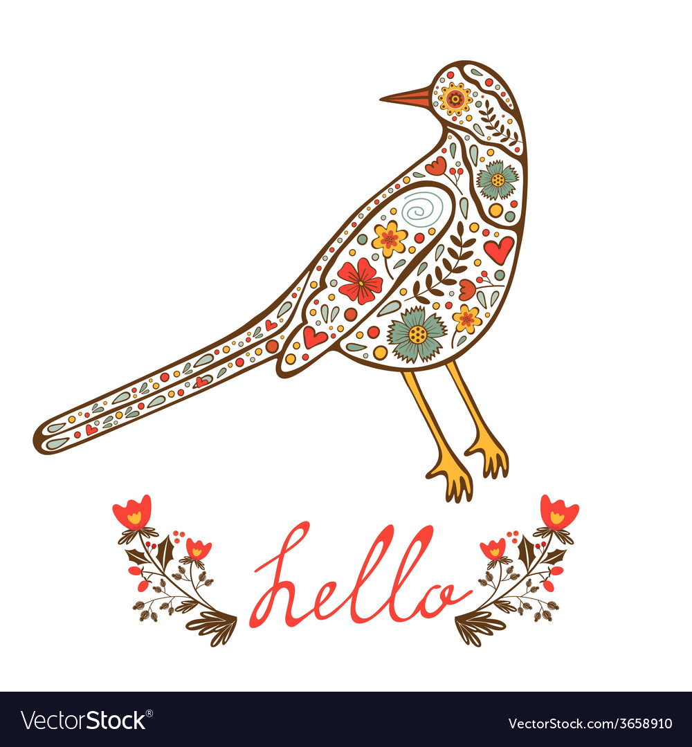 Concept hello card with floral decorative bird