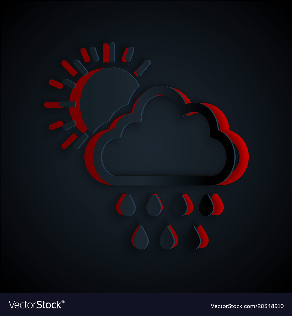 Paper cut cloud with rain and sun icon isolated