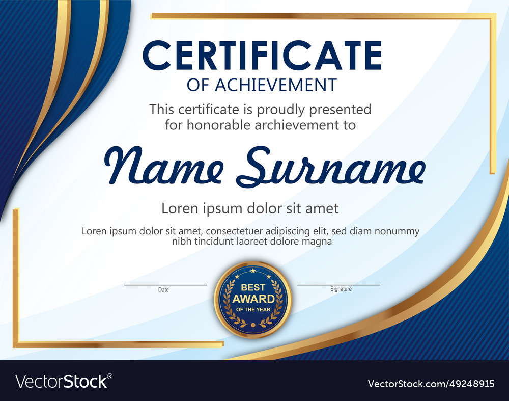 Blue and gold certificate template Royalty Free Vector Image