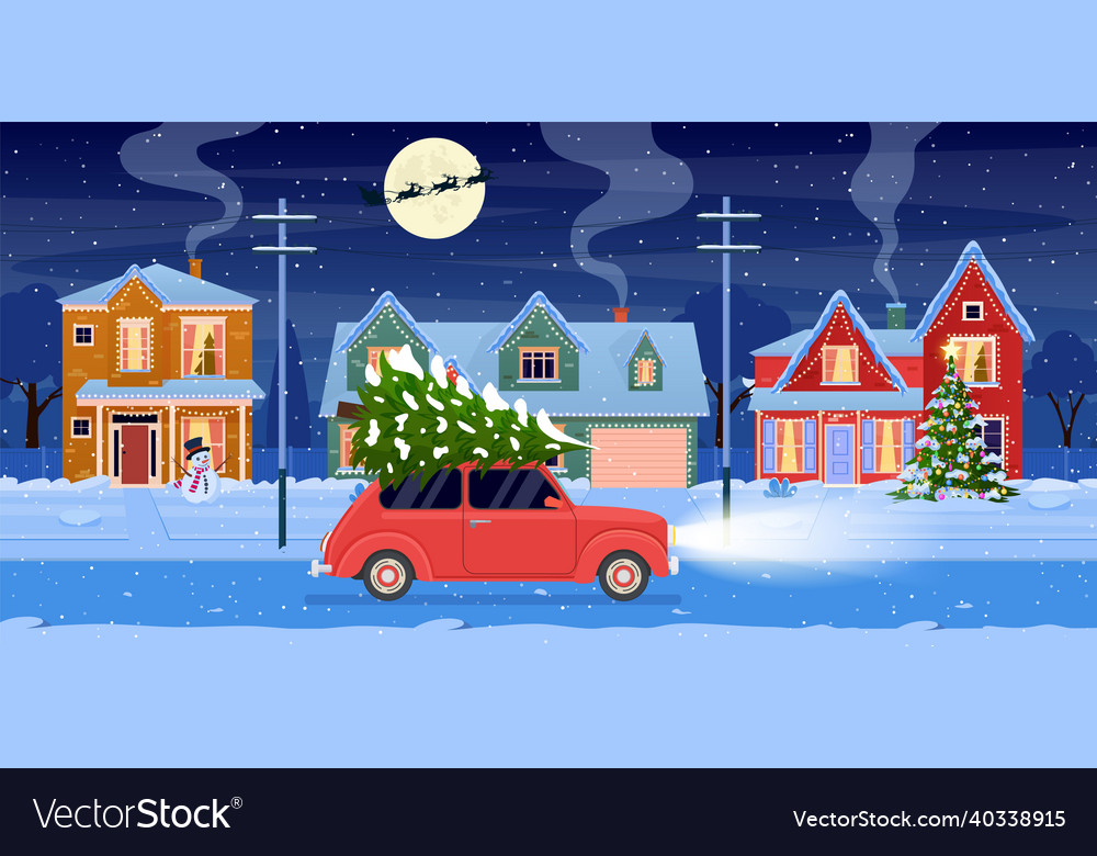 Christmas card design of car with tree on the top