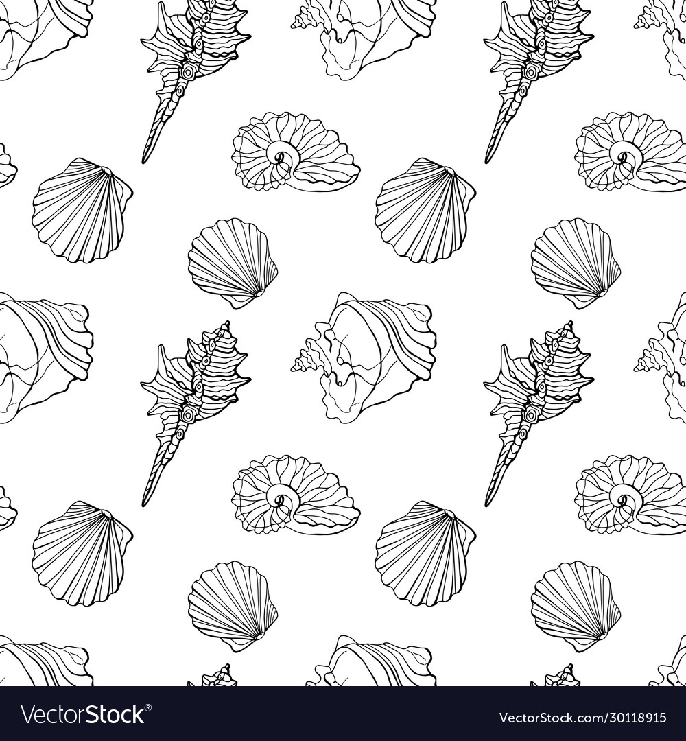 Seamless pattern linear shells line art