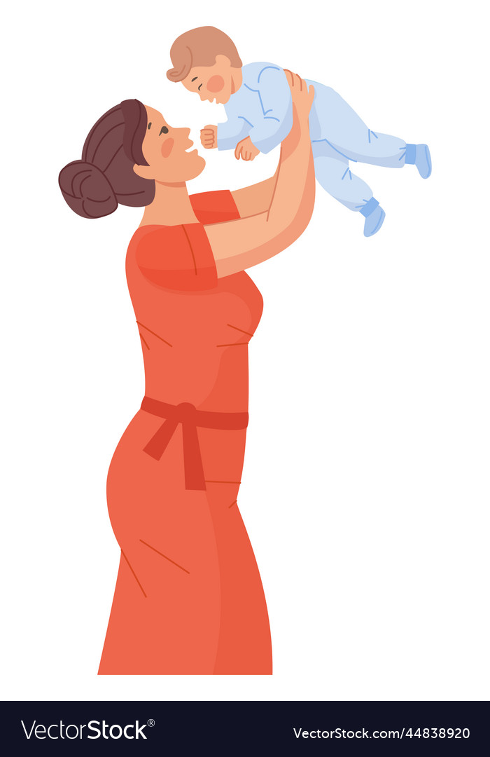 Cheerful mom with newborn woman playing