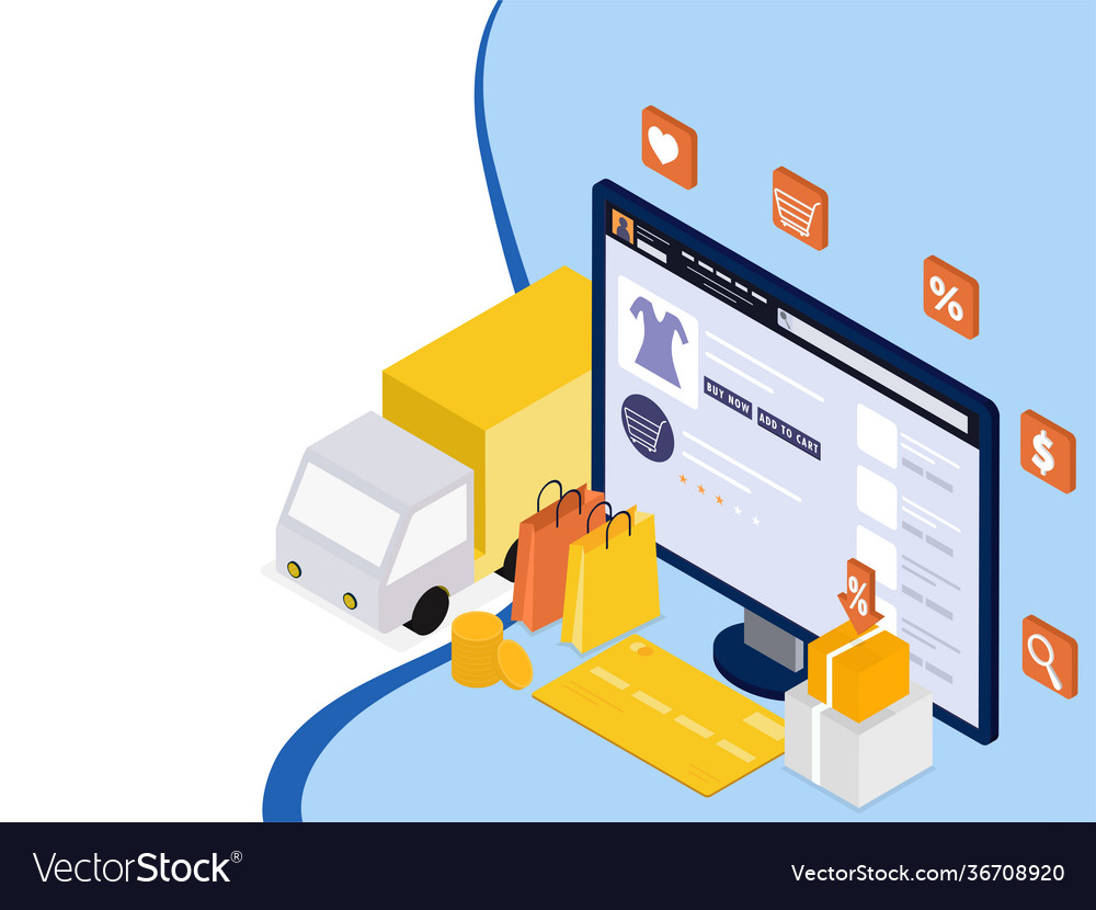 Isometric online shopping website in computer vector image Isometric online shopping website in computer