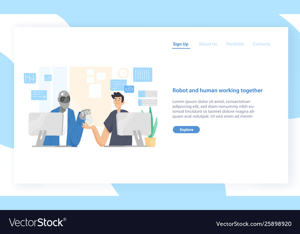 Landing page template with funny robot and man vector image Landing page template with funny robot and man