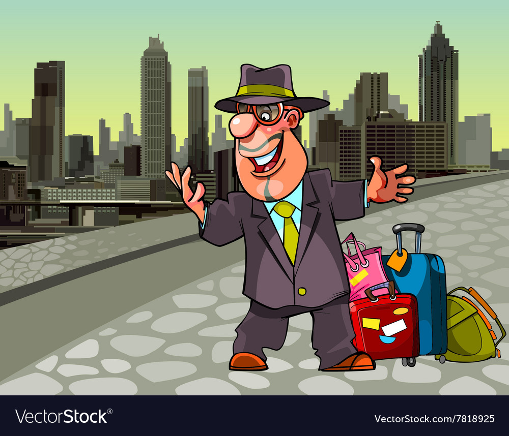 Cartoon cheerful man with the suitcases